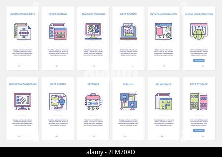 Science data storage learning and transformation vector illustration. UX, UI onboarding mobile app page screen set with line datacenter global infrastructure, wireless connection for machine thinking Stock Vector