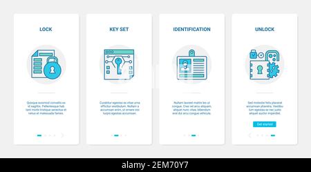 Security modern technology vector illustration. UX, UI onboarding mobile app page screen set with line lock and unlock safe digital system, privacy key identification, unlocking secure web symbols Stock Vector