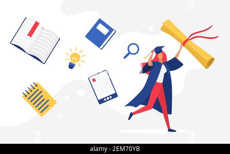 People graduating, education concept vector illustration. Cartoon happy graduated tiny woman character wearing graduate cap and cape running among book or tablet, holding graduation diploma background Stock Vector