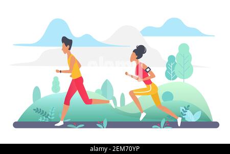 People run in park green landscape, jogging outdoor sport workout vector illustration. Cartoon woman man sportive characters running, runners training to marathon. Healthy lifestyle isolated on white Stock Vector