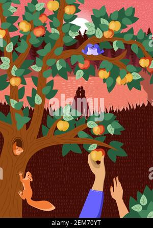 Autumn or summer happy mood hand drawn fall season nature eps poster. Loving couple hugs on sunset lake pier. Pairs squirrels in hollow and birds on tree branch. Male and female hands reach for apple Stock Vector