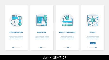 Video surveillance control device, protection against theft of money property technology vector illustration. UX, UI onboarding mobile app page screen set with line home lock videocamera police symbol Stock Vector
