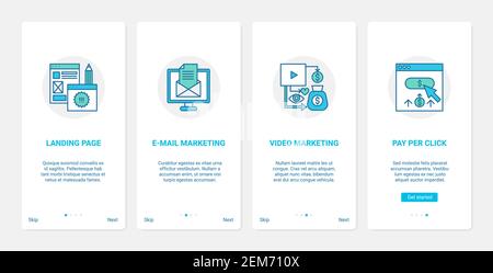 Website ecommerce internet technology vector illustration. UX, UI onboarding mobile app page screen set with line email and video digital marketing, pay per click work in web, landing page symbols Stock Vector