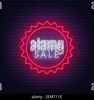 Mega sale neon sign. Discount lighting sign on a dark background. Stock Vector
