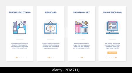 Shopping online modern internet technology vector illustration. UX, UI onboarding mobile app page screen set with line shopping cart of supermarket or grocery store, sales in clothing marketplace Stock Vector