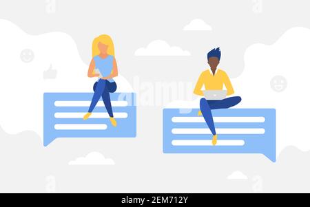 Social network chat conversation concept vector illustration. Cartoon tiny woman man characters chatting online in messenger, using smartphone and laptop, sitting on big message bubbles background Stock Vector