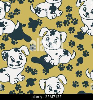Childish seamless vector pattern with messy dogs and footprints. Perfect for kids apparel, fabric, textile, nursery decoration, wrapping paper. Stock Vector