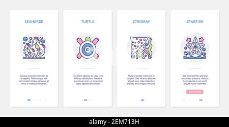 Marine animal and underwater fish from sea bottom or aquarium vector illustration. UX, UI onboarding mobile app page screen set with line wildlife starfish turtle stingray seahorse symbol collection Stock Vector