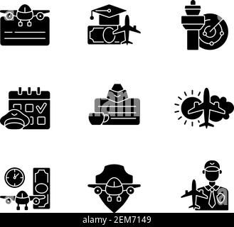 Aviation black glyph icons set on white space Stock Vector