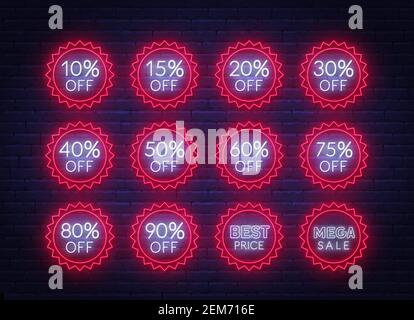10, 15, 20, 30,40 50, 60, 75 80, 90 percent off. Neon discount light signs on a dark background Stock Vector
