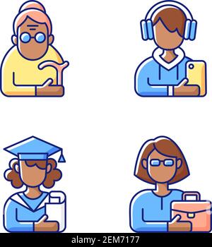 Age and gender differences RGB color icons set Stock Vector