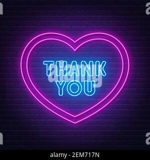 Thank you neon sign in a heart-shaped frame on brick wall background . Stock Vector