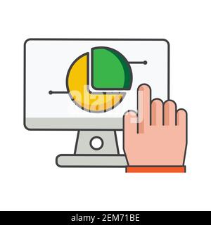 finger clicking on computer with pie diagram icon. business illustration. illustration. Flat vector icon. can use for, icon design element,ui, web, mo Stock Photo