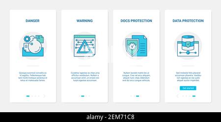 Data security cyber protect technology vector illustration. UX, UI onboarding mobile app page screen set with line danger warning alert window, database document protection, cybersecurity symbols Stock Vector