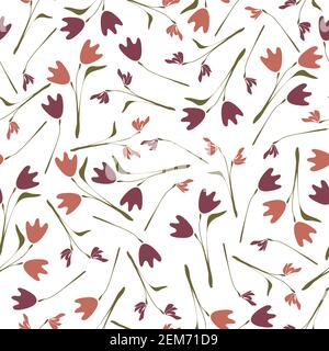 Seamless vector pattern with purple tulips on white background. Vintage floral wallpaper design with flowers. Retro ditsy fashion textile. Stock Vector