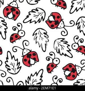 Seamless vector pattern with simple ladybirds on white background. Cute outlined ladybug wallpaper design. Cartoon insect fashion textile. Stock Vector