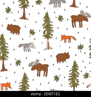 Seamless vector pattern with forest animals on white background. Wildlife landscape wallpaper design for kids. Fashion textile with hand drawn animal. Stock Vector