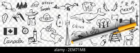 Canadian symbols and signs doodle set. Collection of hand drawn canadian traditional maple leaf flag wildlife mountains deers snow heron beer whale and names isolated on transparent background Stock Vector