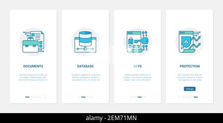 Data protection optimization internet technology vector illustration. UX, UI onboarding mobile app page screen set with line software or service protects documents files in database storage symbols Stock Vector