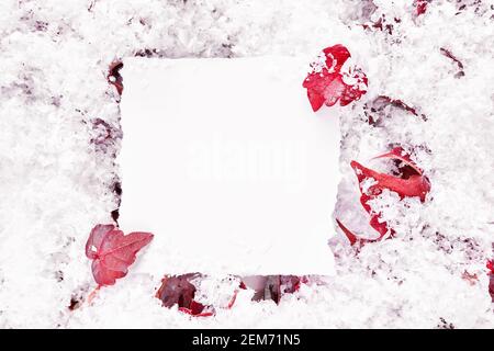 Autumn or winter frame composition with paper mockup. Background with red leaves and snow. Minimal nature seasonal concept. Flat lay, top view Stock Photo
