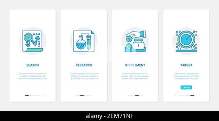 Business startup analysis research, development and investment technology vector illustration. UX, UI onboarding mobile app page screen set with line hand investing money bag to develop business goal Stock Vector