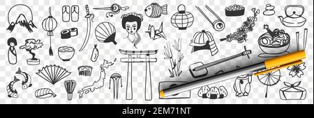 Japanese traditional symbols doodle set. Collection of hand drawn Japanese oriental asian sakura geisha fan foods sabo shoes tea in pot origami netsuke sushi isolated on transparent background Stock Vector