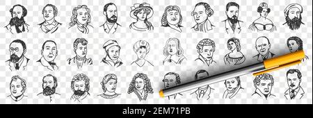 Portraits of middles ages people doodle set. Collection of hand drawn women and men with various hairstyles beard and moustache wearing hats and caps isolated on transparent background Stock Vector