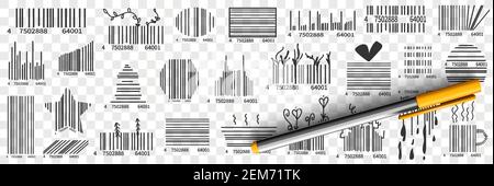 Barcodes on packs doodle set. Collection of hand drawn various barcode with numbers for scanning or showing origin of goods for customer isolated on transparent background Stock Vector