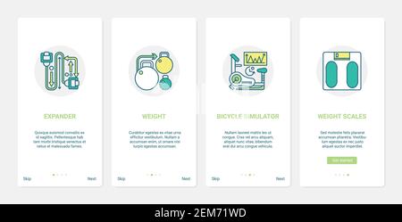 Sport equipment vector illustration. UX, UI onboarding mobile app page screen set with line weights for strength sport training in gym, expander for fitness exercise, bicycle simulator, scales symbols Stock Vector