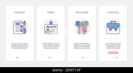 Business contract, paper documents vector illustration. UX, UI onboarding mobile app page screen set with line agreement files, businessman briefcase with creative portfolio cases, notepad symbols Stock Vector