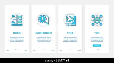 Business hr management of human resources, opportunity and recruitment vector illustration. UX, UI onboarding mobile app page screen set with line work of hiring agency to hire recruit manager team Stock Vector