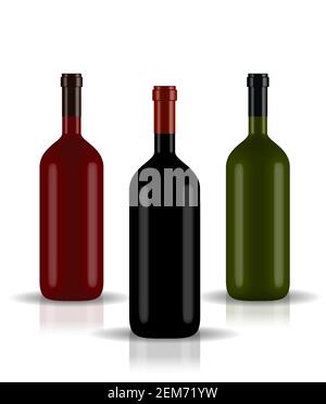 Red, Green, Black naturalistic closed 3D wine bottle of different colors without label. Vector Illustration. EPS10 Stock Vector
