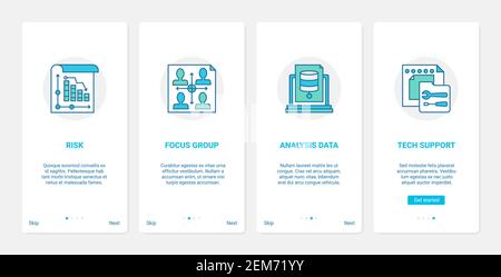 Business development technology vector illustration. UX, UI onboarding mobile app page screen set with line risk, focus group and data analysis presentation research, technical support call center Stock Vector