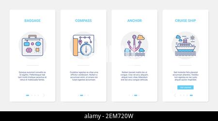 Summer travel objects for traveler vector illustration. UI, UX onboarding mobile app page screen set with line luggage suitcase, compass ship anchor in sea water, traveling in cruise ocean liner Stock Vector