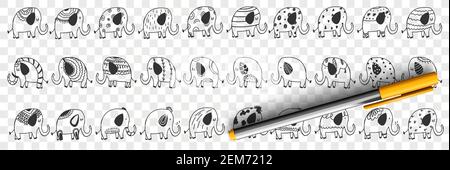 Various elephants animals doodle set. Collection of hand drawn cute funny positive elephants mammals wild animals of different patterns for children books isolated on transparent background Stock Vector