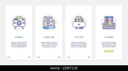 Digital electronic device for office work, paper document management equipment vector illustration. UI, UX onboarding mobile app page screen set with line manager worker camera computer printer folder Stock Vector