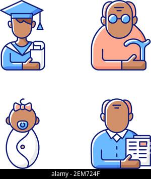 Aging process RGB color icons set Stock Vector