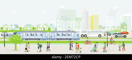 City silhouette with tram, cars and bus with people on the sidewalk, illustration Stock Vector