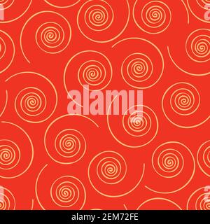 Seamless vector pattern with swirl lines on red background. Simple spiral wallpaper design texture. Artistic fashion textile. Stock Vector