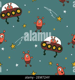Seamless vector pattern with cartoon aliens on blue background. Simple hand drawn UFO wallpaper design for children. Fun spaceship fashion textile. Stock Vector
