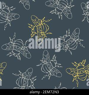 Seamless vector pattern with outlined bumblebees on teal background. Modern wallpaper design with bees. Animal fashion textile. Stock Vector