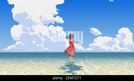 woman standing on the sea looking at the summer sky, vector illustration Stock Vector