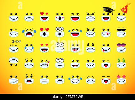 Big set of emoticon pandemic icons. Yellow background. Isolated abstract graphic design template. Internet messenger or computer web chat creative emo Stock Vector