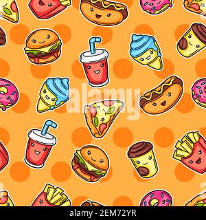 Seamless pattern with cute kawaii fast food meal. Stock Vector