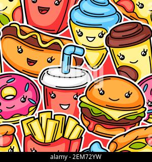 Seamless pattern with cute kawaii fast food meal. Stock Vector