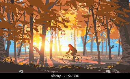 man riding a bicycle in the autumn forest park in the sunny morning, vector illustration Stock Vector