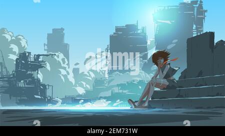 woman sitting outside against the futuristic city scene in the background, vector illustration Stock Vector