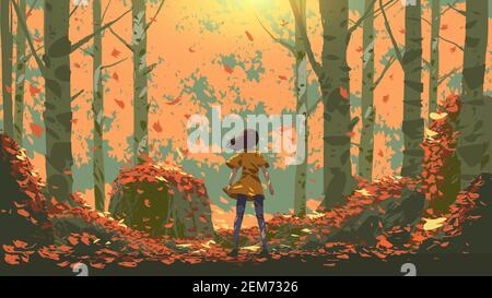 young girl standing in the autumn forest, vector illustration Stock Vector