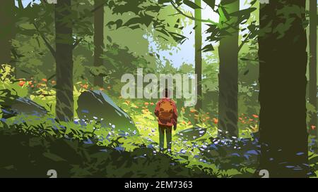young man adventures in the deep forest, vector illustration Stock Vector