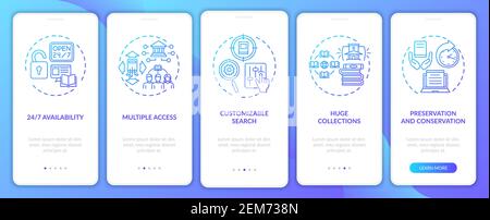 Online library benefits onboarding mobile app page screen with concepts Stock Vector